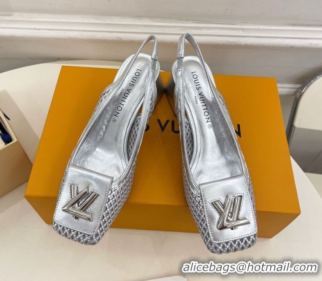 Low Cost Louis Vuitton Shake Slingback Pumps 5.5cm in Perforated Metallic Leather 1AD0BX Silver 0829100