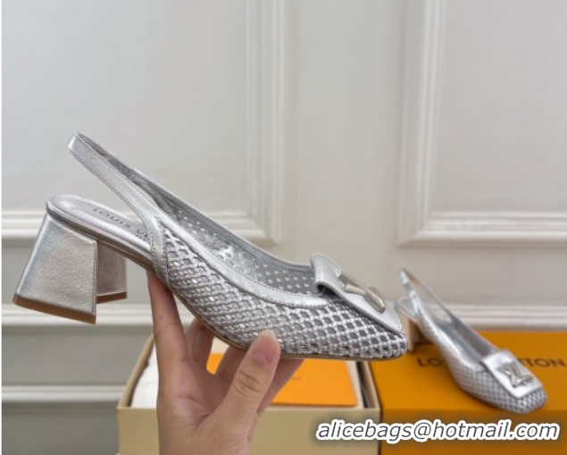 Low Cost Louis Vuitton Shake Slingback Pumps 5.5cm in Perforated Metallic Leather 1AD0BX Silver 0829100