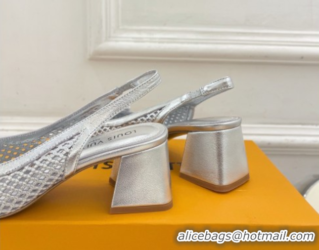 Low Cost Louis Vuitton Shake Slingback Pumps 5.5cm in Perforated Metallic Leather 1AD0BX Silver 0829100