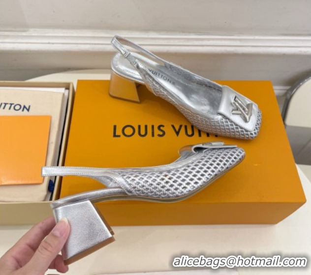 Low Cost Louis Vuitton Shake Slingback Pumps 5.5cm in Perforated Metallic Leather 1AD0BX Silver 0829100