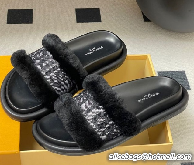 Top Design Louis Vuitton Wool and Fabric Flat Slides Sandal Black 2025 LV082904 0829102