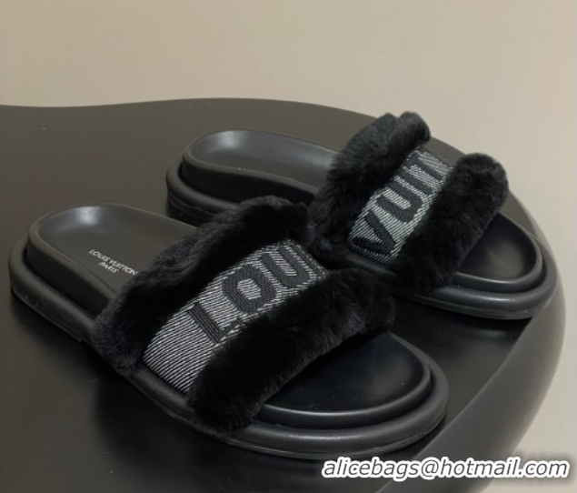 Top Design Louis Vuitton Wool and Fabric Flat Slides Sandal Black 2025 LV082904 0829102