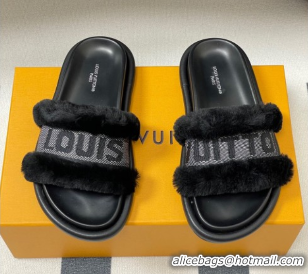 Top Design Louis Vuitton Wool and Fabric Flat Slides Sandal Black 2025 LV082904 0829102