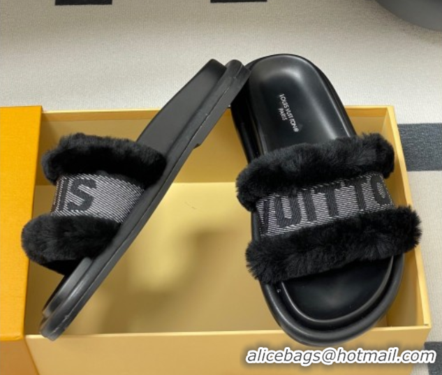 Top Design Louis Vuitton Wool and Fabric Flat Slides Sandal Black 2025 LV082904 0829102