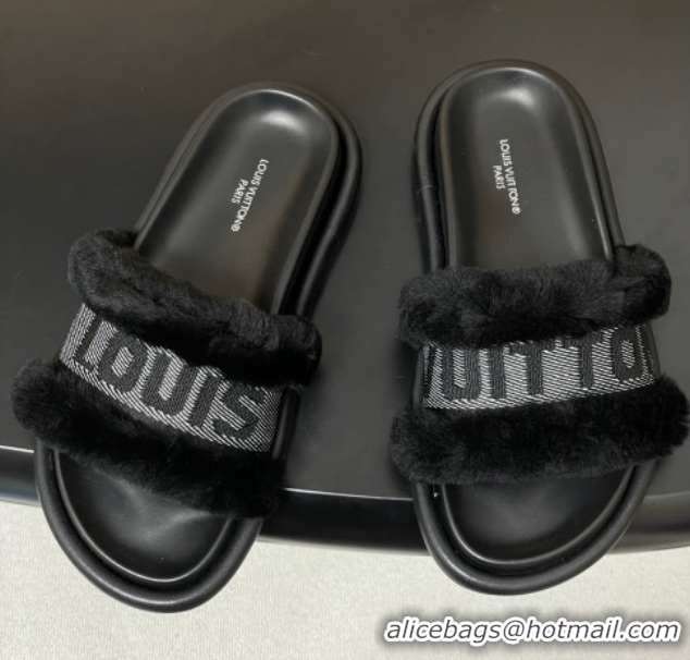 Top Design Louis Vuitton Wool and Fabric Flat Slides Sandal Black 2025 LV082904 0829102