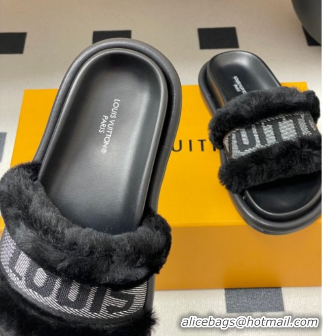 Top Design Louis Vuitton Wool and Fabric Flat Slides Sandal Black 2025 LV082904 0829102