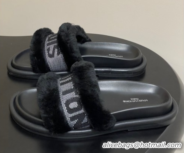 Top Design Louis Vuitton Wool and Fabric Flat Slides Sandal Black 2025 LV082904 0829102