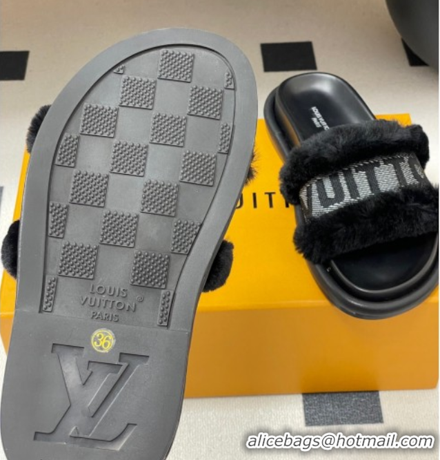 Top Design Louis Vuitton Wool and Fabric Flat Slides Sandal Black 2025 LV082904 0829102