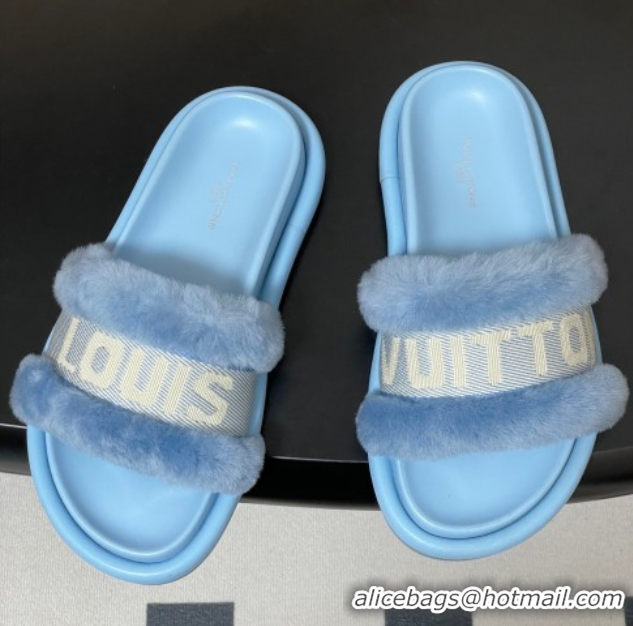 Pretty Style Louis Vuitton Wool and Fabric Flat Slides Sandal Light Blue 2025 LV082904 0829104
