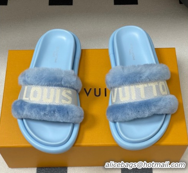 Pretty Style Louis Vuitton Wool and Fabric Flat Slides Sandal Light Blue 2025 LV082904 0829104