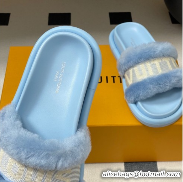 Pretty Style Louis Vuitton Wool and Fabric Flat Slides Sandal Light Blue 2025 LV082904 0829104