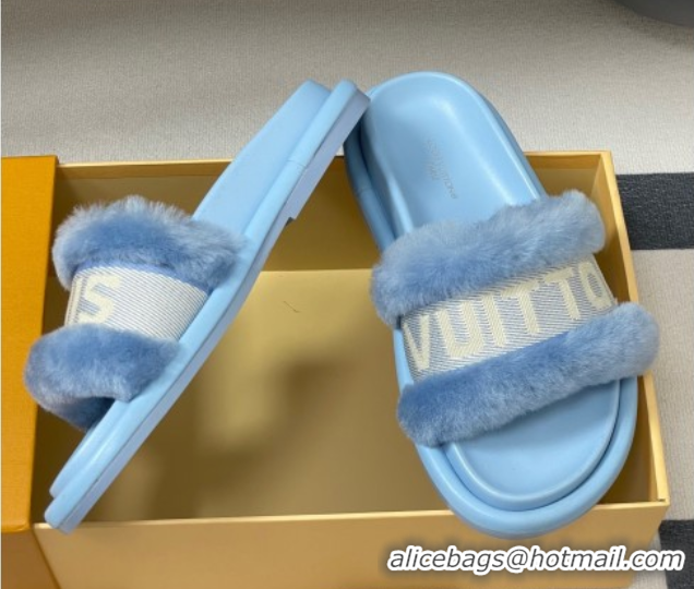 Pretty Style Louis Vuitton Wool and Fabric Flat Slides Sandal Light Blue 2025 LV082904 0829104