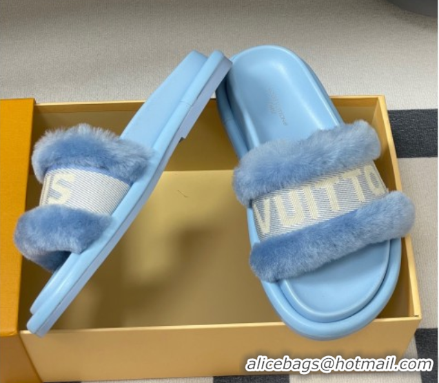 Pretty Style Louis Vuitton Wool and Fabric Flat Slides Sandal Light Blue 2025 LV082904 0829104