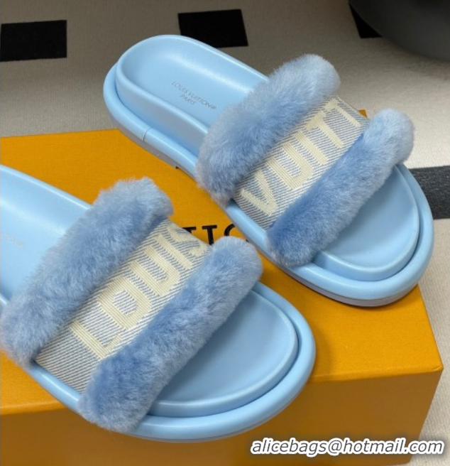 Pretty Style Louis Vuitton Wool and Fabric Flat Slides Sandal Light Blue 2025 LV082904 0829104