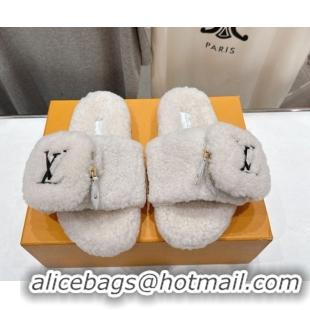 Luxury Cheap Louis Vuitton Shearling Flat Slides Sandal with Zip Pouch White LV082905 0829105