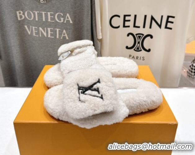 Luxury Cheap Louis Vuitton Shearling Flat Slides Sandal with Zip Pouch White LV082905 0829105