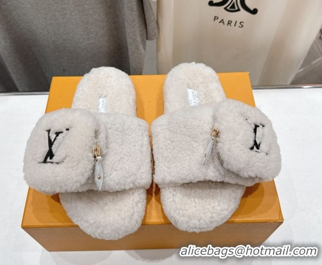 Luxury Cheap Louis Vuitton Shearling Flat Slides Sandal with Zip Pouch White LV082905 0829105
