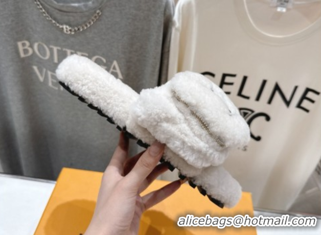 Luxury Cheap Louis Vuitton Shearling Flat Slides Sandal with Zip Pouch White LV082905 0829105