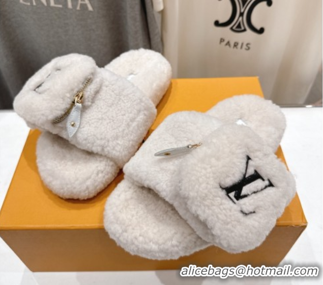 Luxury Cheap Louis Vuitton Shearling Flat Slides Sandal with Zip Pouch White LV082905 0829105