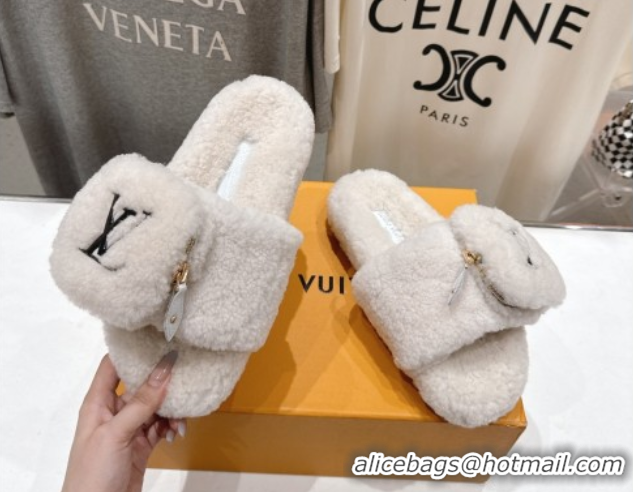 Luxury Cheap Louis Vuitton Shearling Flat Slides Sandal with Zip Pouch White LV082905 0829105