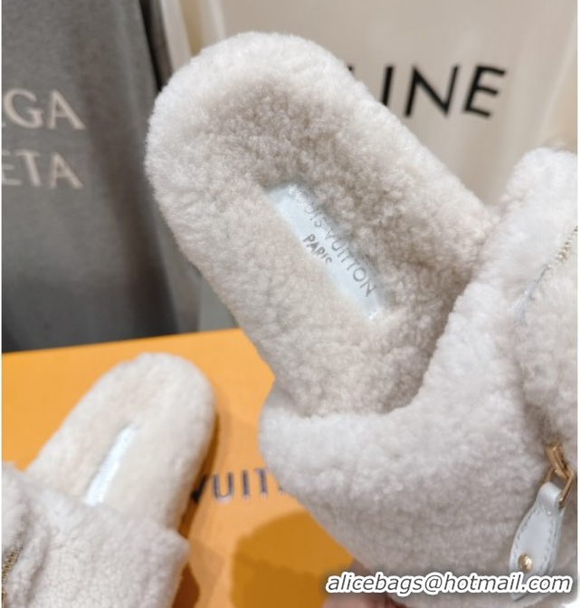 Luxury Cheap Louis Vuitton Shearling Flat Slides Sandal with Zip Pouch White LV082905 0829105