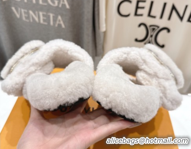 Luxury Cheap Louis Vuitton Shearling Flat Slides Sandal with Zip Pouch White LV082905 0829105