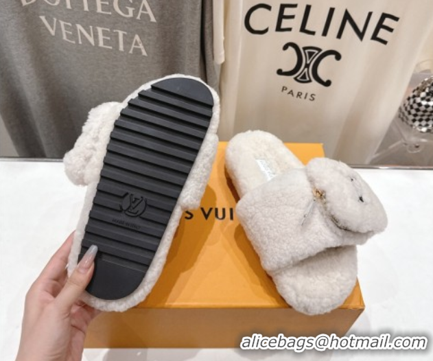 Luxury Cheap Louis Vuitton Shearling Flat Slides Sandal with Zip Pouch White LV082905 0829105