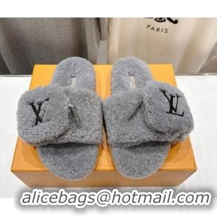 Luxury Louis Vuitton Shearling Flat Slides Sandal with Zip Pouch Grey LV082905 0829106