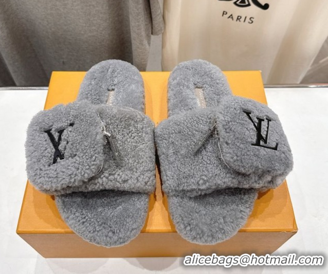 Luxury Louis Vuitton Shearling Flat Slides Sandal with Zip Pouch Grey LV082905 0829106