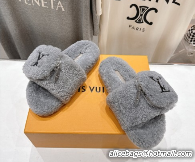 Luxury Louis Vuitton Shearling Flat Slides Sandal with Zip Pouch Grey LV082905 0829106