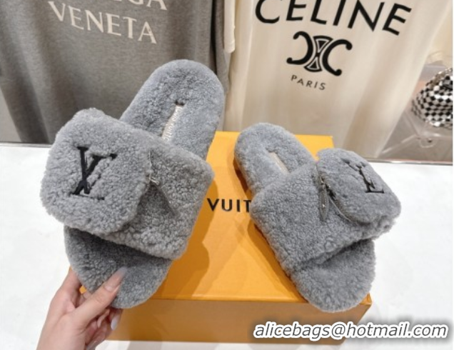 Luxury Louis Vuitton Shearling Flat Slides Sandal with Zip Pouch Grey LV082905 0829106