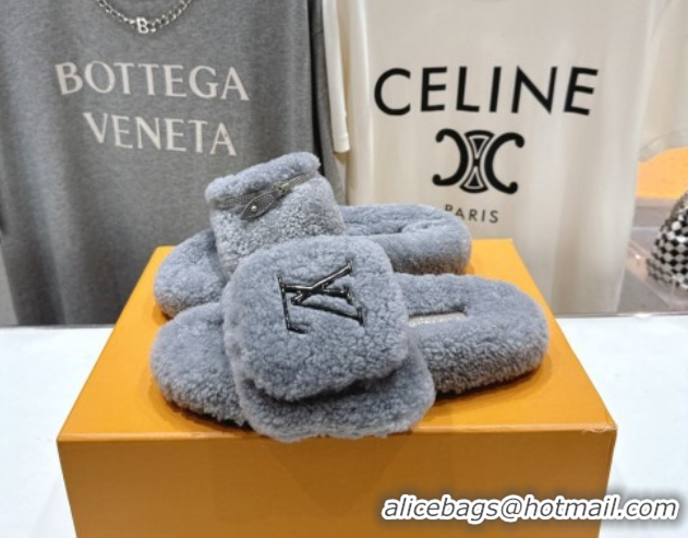 Luxury Louis Vuitton Shearling Flat Slides Sandal with Zip Pouch Grey LV082905 0829106