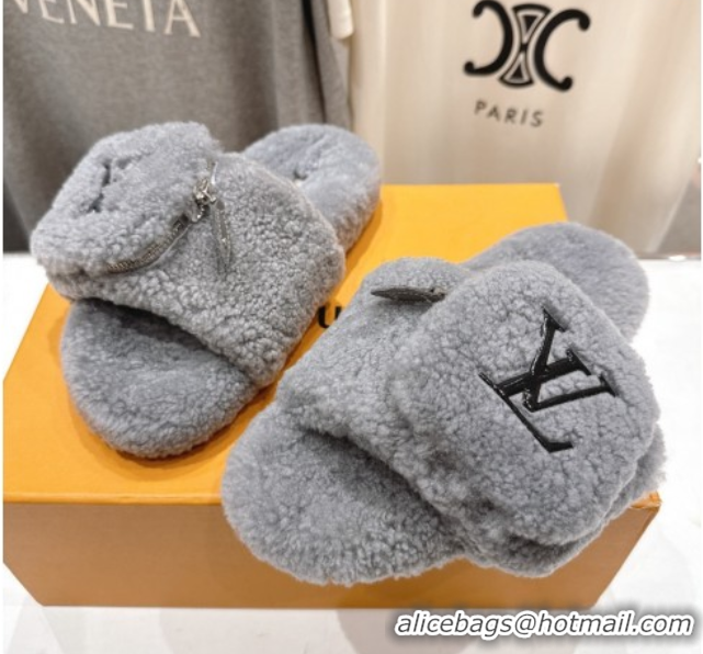 Luxury Louis Vuitton Shearling Flat Slides Sandal with Zip Pouch Grey LV082905 0829106