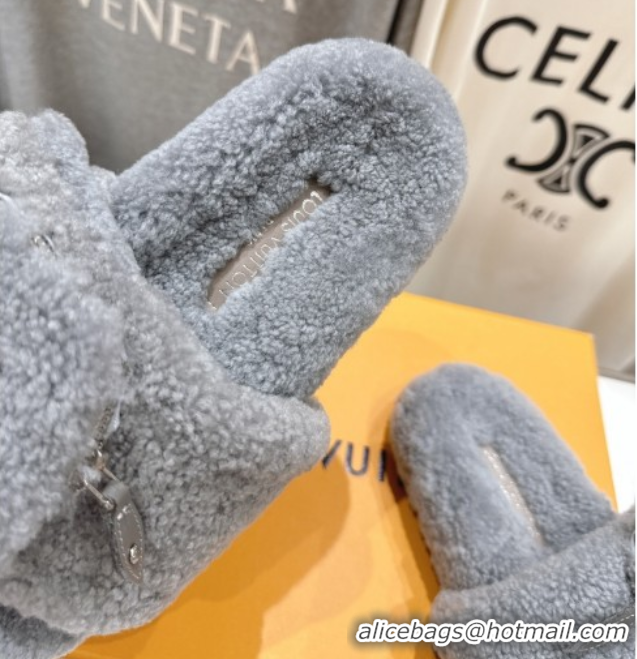 Luxury Louis Vuitton Shearling Flat Slides Sandal with Zip Pouch Grey LV082905 0829106