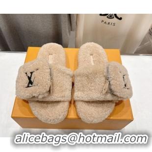 Popular Style Louis Vuitton Shearling Flat Slides Sandal with Zip Pouch Beige 2025 LV082905 0829107