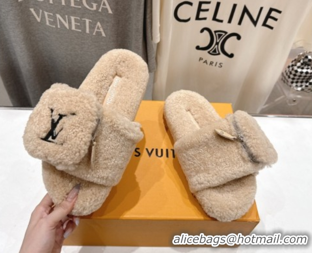 Popular Style Louis Vuitton Shearling Flat Slides Sandal with Zip Pouch Beige 2025 LV082905 0829107