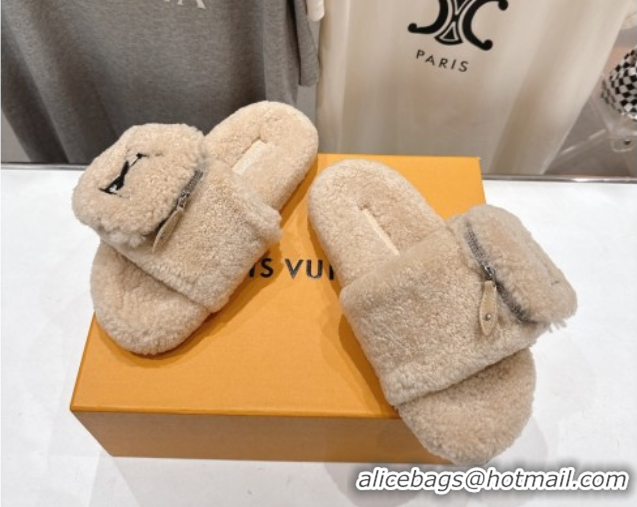 Popular Style Louis Vuitton Shearling Flat Slides Sandal with Zip Pouch Beige 2025 LV082905 0829107