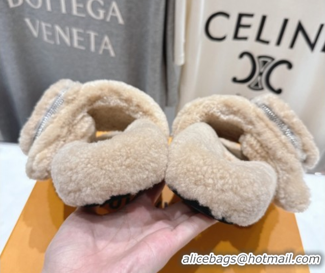 Popular Style Louis Vuitton Shearling Flat Slides Sandal with Zip Pouch Beige 2025 LV082905 0829107