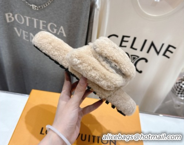 Popular Style Louis Vuitton Shearling Flat Slides Sandal with Zip Pouch Beige 2025 LV082905 0829107