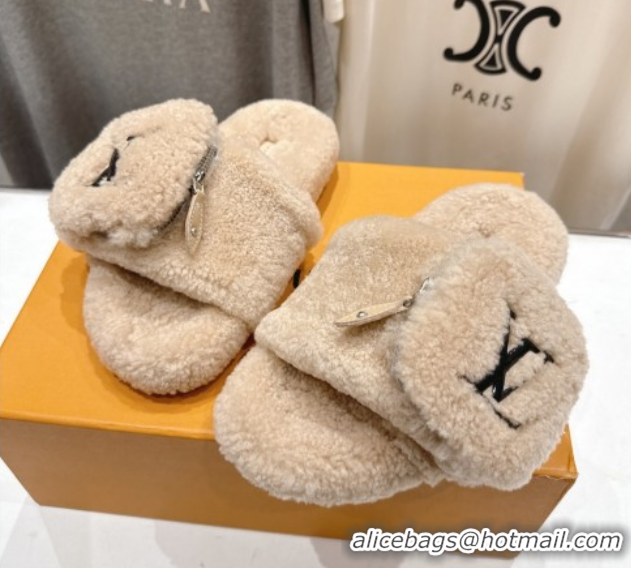 Popular Style Louis Vuitton Shearling Flat Slides Sandal with Zip Pouch Beige 2025 LV082905 0829107