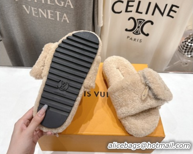 Popular Style Louis Vuitton Shearling Flat Slides Sandal with Zip Pouch Beige 2025 LV082905 0829107