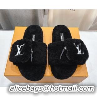 Unique Style Louis Vuitton Shearling Flat Slides Sandal with Zip Pouch Black LV082905 0829108