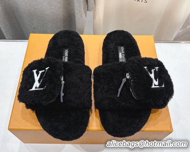 Unique Style Louis Vuitton Shearling Flat Slides Sandal with Zip Pouch Black LV082905 0829108