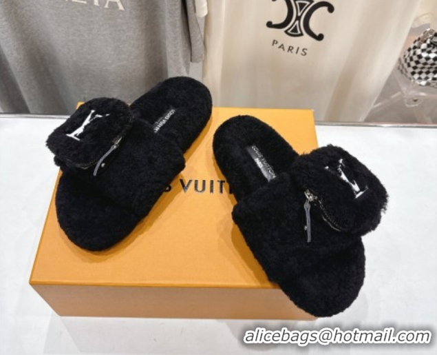 Unique Style Louis Vuitton Shearling Flat Slides Sandal with Zip Pouch Black LV082905 0829108