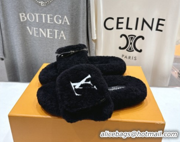 Unique Style Louis Vuitton Shearling Flat Slides Sandal with Zip Pouch Black LV082905 0829108