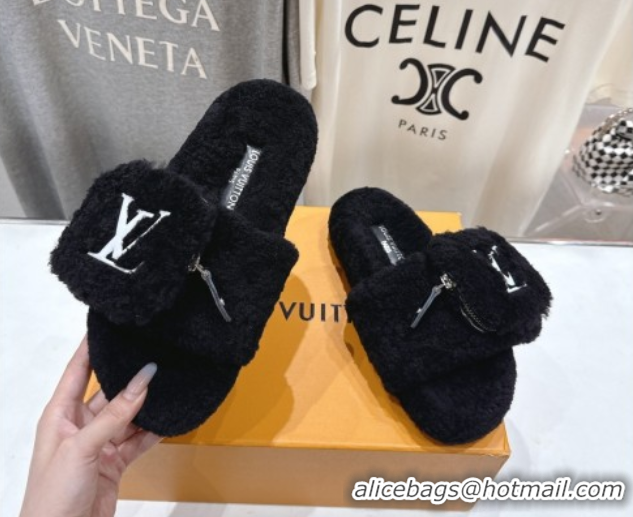 Unique Style Louis Vuitton Shearling Flat Slides Sandal with Zip Pouch Black LV082905 0829108