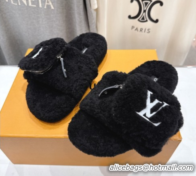 Unique Style Louis Vuitton Shearling Flat Slides Sandal with Zip Pouch Black LV082905 0829108