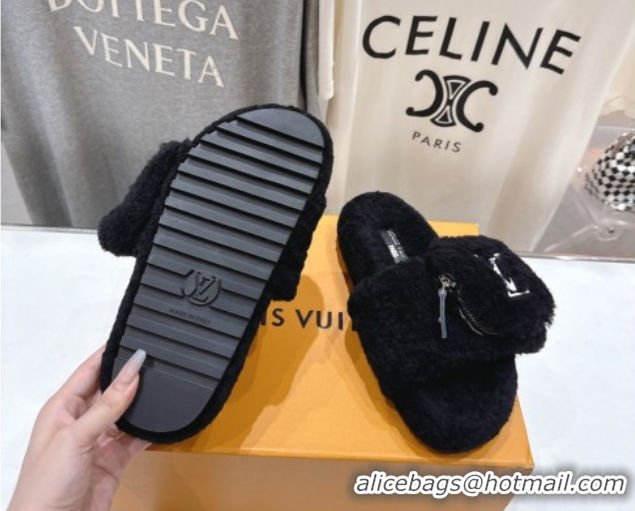 Unique Style Louis Vuitton Shearling Flat Slides Sandal with Zip Pouch Black LV082905 0829108