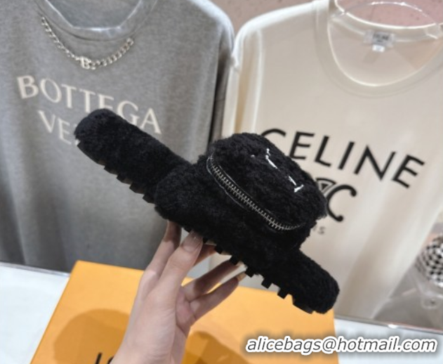 Unique Style Louis Vuitton Shearling Flat Slides Sandal with Zip Pouch Black LV082905 0829108