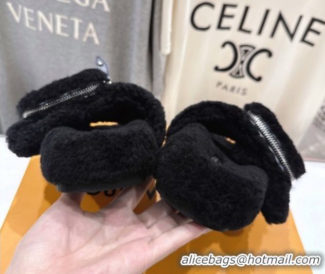 Unique Style Louis Vuitton Shearling Flat Slides Sandal with Zip Pouch Black LV082905 0829108